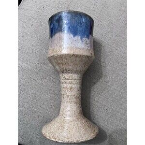 Art Pottery Blue Beige Glazed Chalice Goblet Handmade Cup Speckled 7 Inches